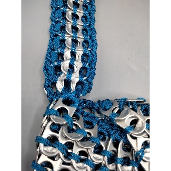 Macrame Aluminum Can Pull Tab Shoulder Bag Purse Round Teal Blue Pop Art Recycle - Picture 3 of 10